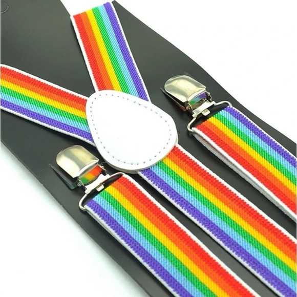 Clip-on Suspenders Elastic Seven Color Rainbow Stripe Pattern Y-back - Picture 4 of 7